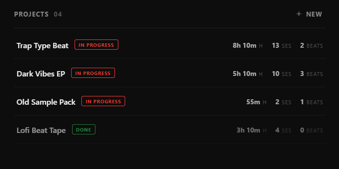 BeatFocus project list showing in-progress and done beats