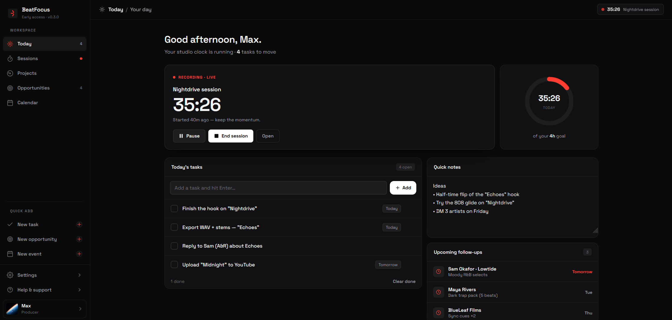 The BeatFocus workspace — your studio day at a glance